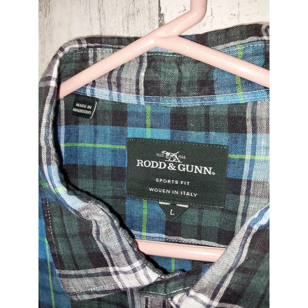 Rodd & Gunn Shirt Men's Linen Button Up Large Sports Fit Blue Long Sleeve Plaid